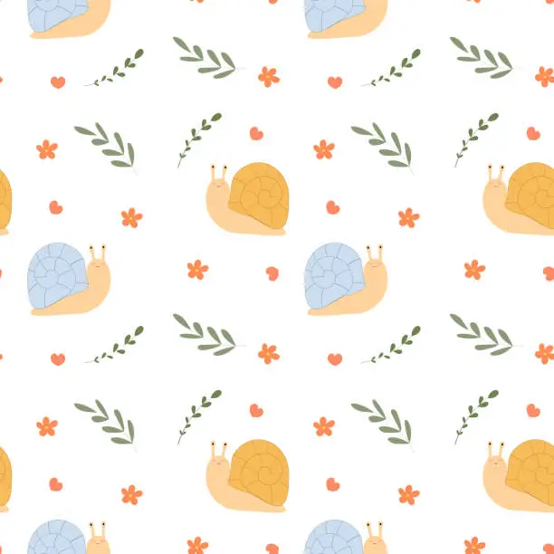 Vector illustration of Seamless pattern cute smiling snails on white background.