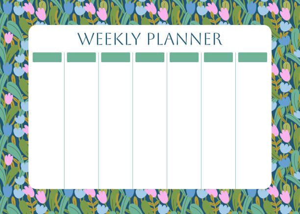 illustrazioni stock, clip art, cartoni animati e icone di tendenza di weekly planner with floral pattern. spring flowers and leaves, tulips on dark background for notes. - getting the mail