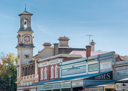 Beechworth, Australia, April 2018, Clock tower and shop fronts in Beechworth, Victoria, Australia