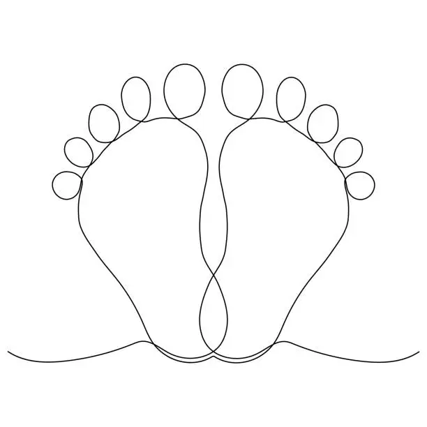 Vector illustration of baby legs Baby foot print in one line style. Hand drawing.