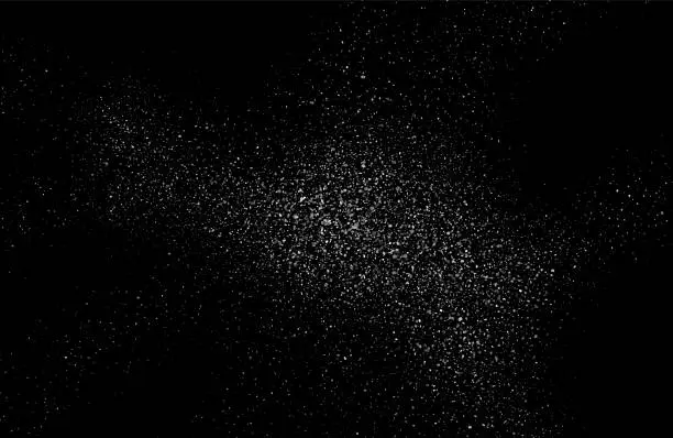 Vector illustration of Dust particles effect vector splatter on black background texture. Dust overlay noise dirt background.