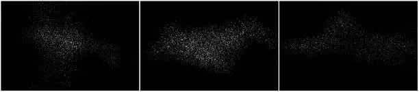 Vector illustration of Dust particles effect vector splatter on black background texture. Dust overlay noise dirt background.