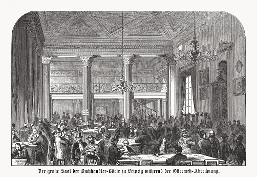 The Great Hall of the Booksellers' Exchange in Leipzig during the Easter fair settlement. The headquarters of the German Publishers and Booksellers Association was located here from 1836 to 1888. Wood engraving, published in 1869.