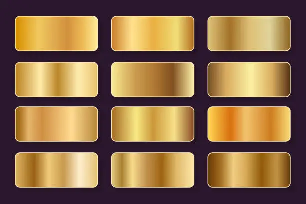 Vector illustration of Gold gradient set. Metallic golden gradients collection of swatches