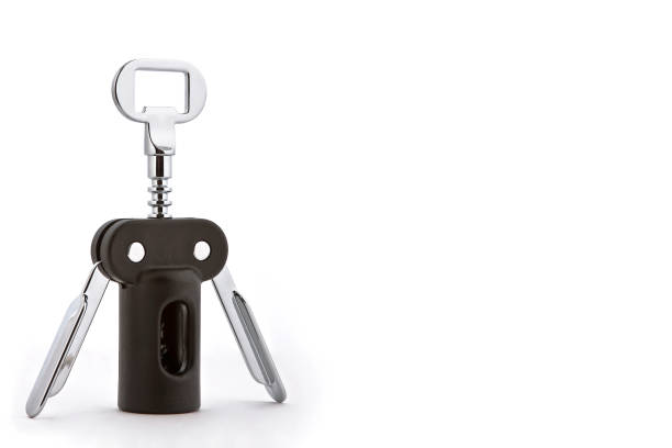 Black and metallic corkscrew on white background with space for text Black and metallic corkscrew on white background with space for text, minimal concept, wine bottle opener, cork tornillo stock pictures, royalty-free photos & images
