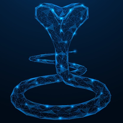 Crawling cobra. Polygonal design of interconnected lines and dots. Blue background.