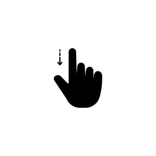 Vector illustration of Slide Down Hand Gesture solid icon design on a white background. This black flat icon suits infographics, web pages, mobile apps, UI, UX, and GUI designs.