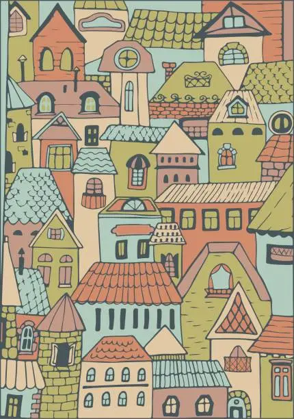 Vector illustration of pattern townhouses cottages, European houses in cartoon style. Old city. Vector illustration