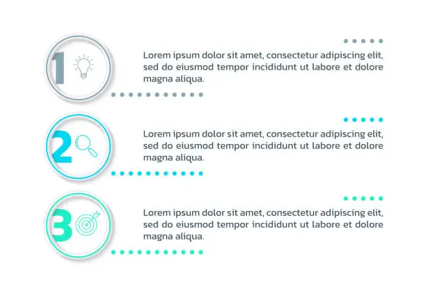 Vector illustration of 3 step info graphic template. List diagram, chart with three numbers. Business infographic, presentation, modern layout design with vertical elements. Vector illustration.