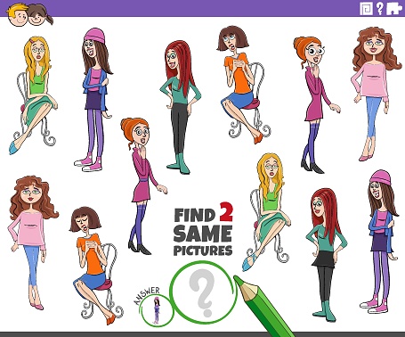 Cartoon illustration of finding two same pictures educational activity with girls or young women characters