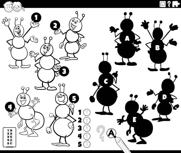 Vector illustration of shadows activity with cartoon ants insects coloring page