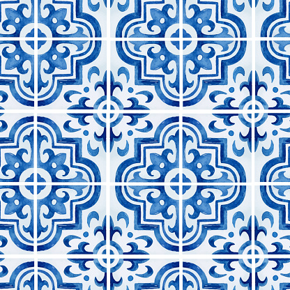 Watercolor seamless pattern with blue Mediterranean tiles for wallpaper