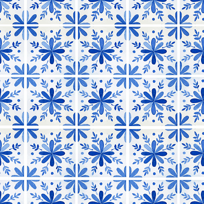 Watercolor seamless pattern with azulejo tiles for wallpaper, wrapping paper, fabric designs