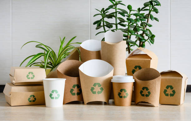 istock Zero waste, eco friendly, recycling, natural organic plastic free concept. Disposable tableware made of craft paper with a recycling sign. Eco tableware and packaging. Street food paper packaging 2015976326