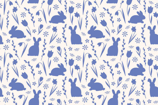 синий пасхальный бесшовный узор с кроликами, веточками ивы и весенними цветами - crocus stock illustrations