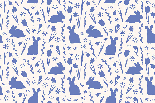 blue easter seamless pattern with rabbits, pussy willow twigs and spring flowers - vector illustration