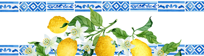 Watercolor banner with Mediterranean tiles and lemon branch with leaves and flowers