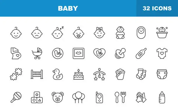 Vector illustration of Baby and Parenting Line Icons. Editable Stroke. Contains such icons as Baby, Stroller, Pregnancy, Childbirth, Parenting,Toy, Diaper, Mother.