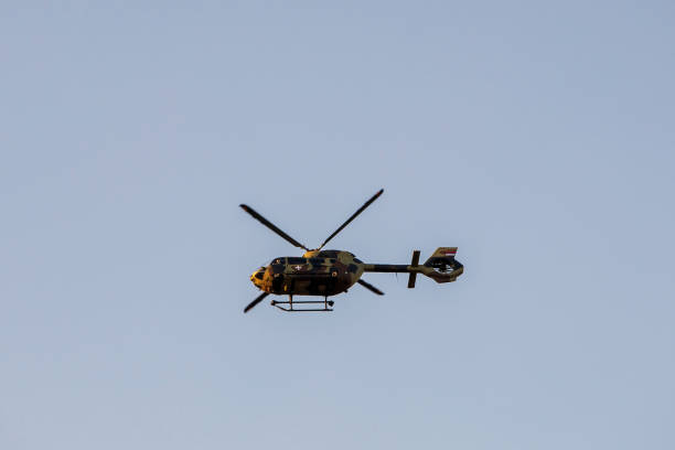 Belgrade, Serbia - September 8, 2023: Serbian  Airbus helicopter H145M in the sky above Belgrade in a training flight