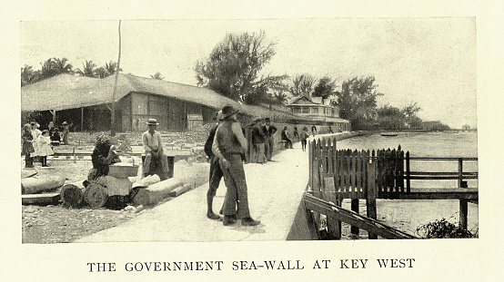 Vintage picture of Government sea wall at Key West Florida 1890s 19th Century