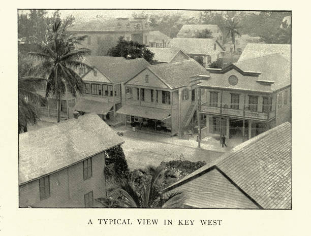 Vintage picture of  Houses in Key West, Florida, 1890s. 19th Century American architecture