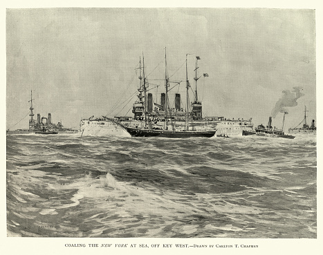 Vintage picture of US Navy warship, USS New York coaling at sea, off Key West, 1890s 19th Century