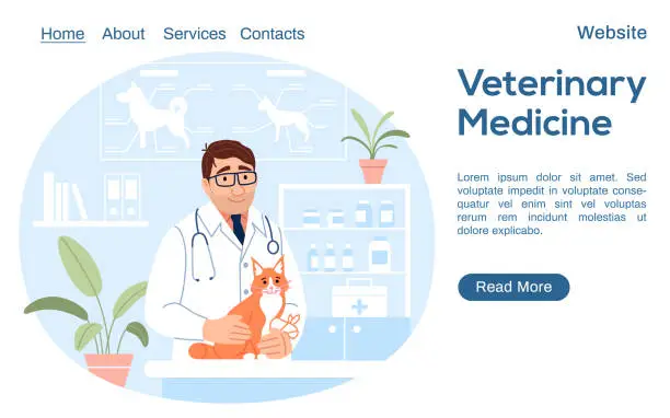 Vector illustration of Young male veterinarian holding cute cat with injured paw on pet hospital background. Veterinary medicine landing page. Flat line website design template. Vet clinic internet page vector illustration.