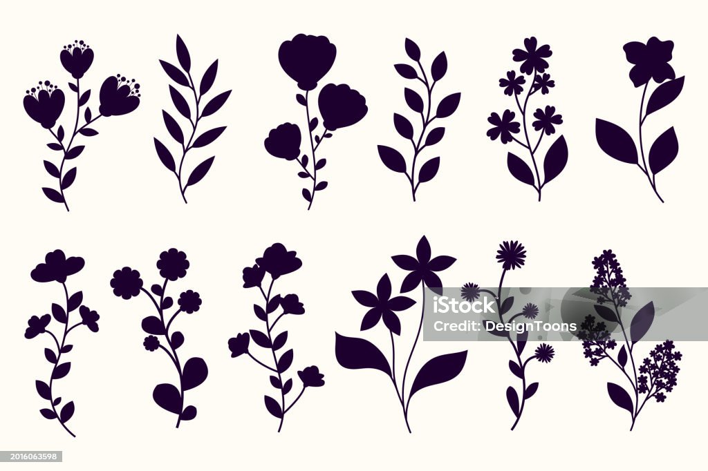 Ensemble de silhouettes de feuilles, de fleurs et de branches. Silhouettes de plantes sauvages et de fleurs de jardin sur fond blanc - clipart vectoriel de Fleur - Flore libre de droits Ensemble de silhouettes de feuilles, de fleurs et de branches. Silhouettes de plantes sauvages et de fleurs de jardin sur fond blanc - clipart vectoriel de Fleur - Flore libre de droits