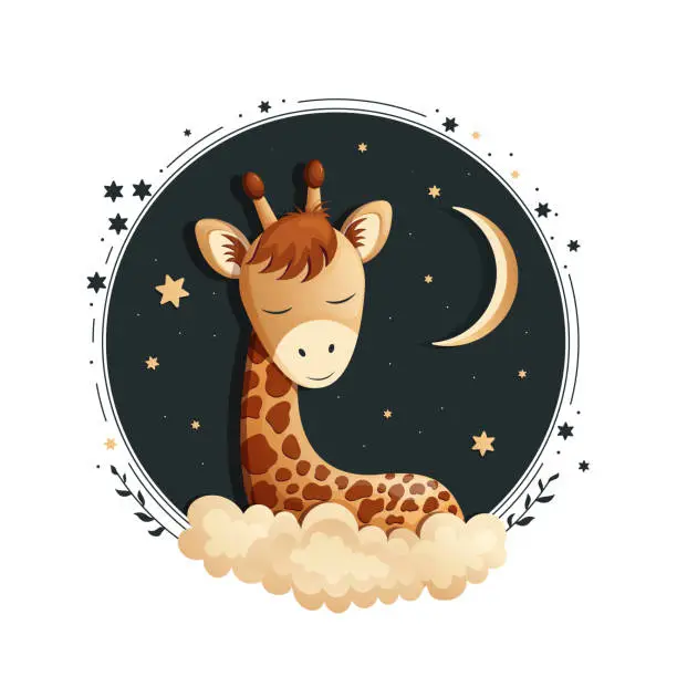 Vector illustration of Cute little giraffe sleeping on the background of moon and stars - hand drawn vector illustration. Children's theme. For design of prints, posters, postcards, children's clothes.