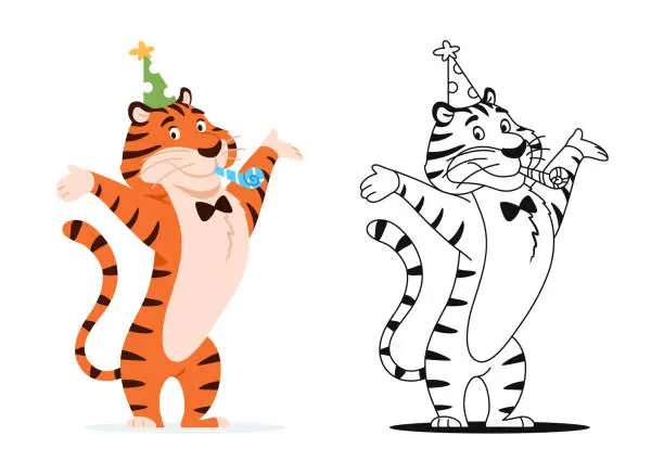 Vector illustration of Coloring book. Funny cartoon tiger in party hat with party blower whistle on white background. Cute animal character for kids preschool activity. Worksheet design. Coloring page vector illustration.