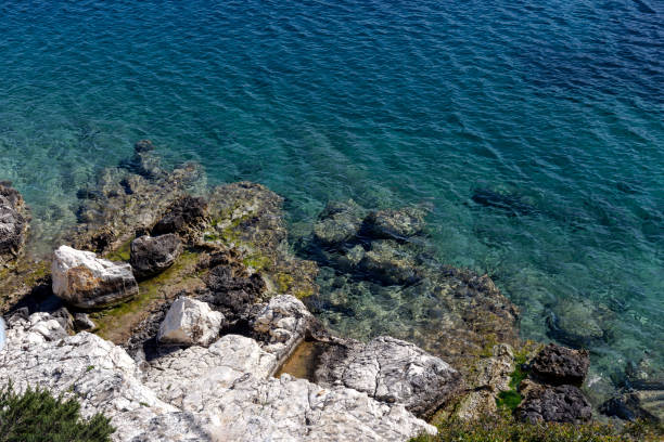 Background. Water. The texture of the iridescent surface of the sea and cliffs