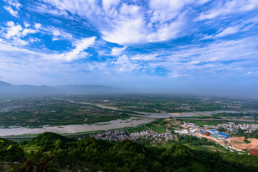 Longjiang Gushan.  The Bao River flows into the Han River at Gushan in Longjiang River.  Bird's eye view.