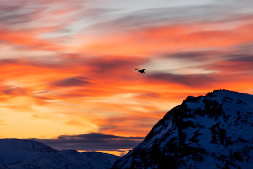 Beautiful winter sunset with arctic landscape.