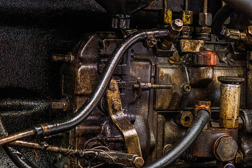 Detail of a dirty diesel engine, close view