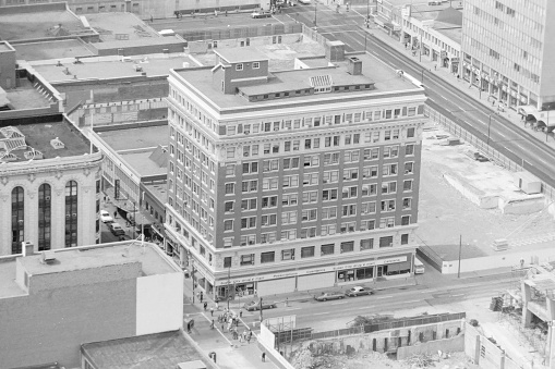 Downtown Calgary. The image is from old black and white film in 1974.