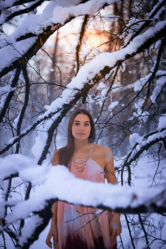 Portrait of elegant young woman in snowy forest