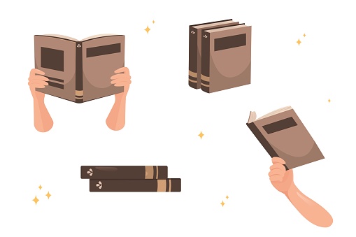 Vector set of hands holding books, cartoon men and women reading literature, isolated open and closed books
