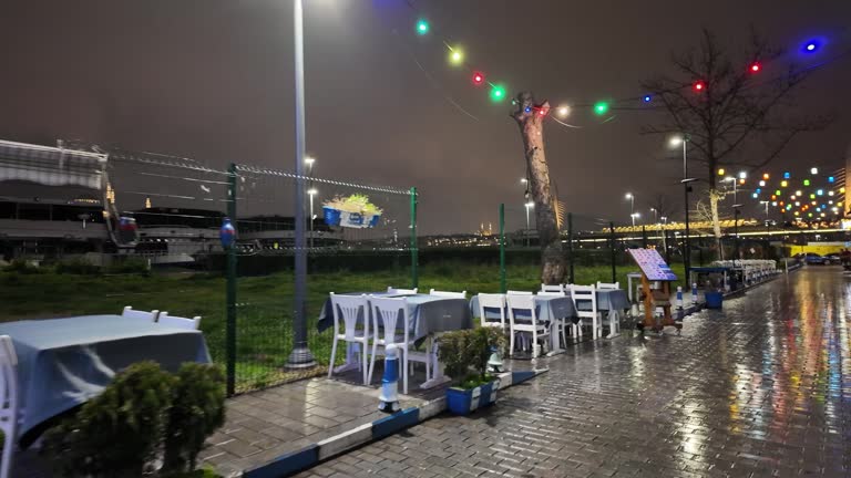 historical Istanbul streets and restaurants along the Golden Horn on a rainy night