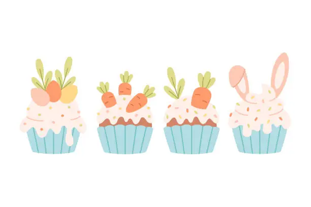 Vector illustration of Sweet Easter cupcakes. Easter sweets. Vector illustration in flat style