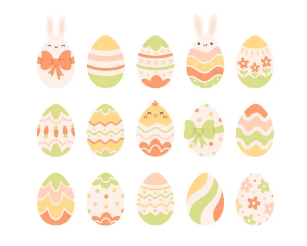 Vector illustration of Easter eggs collection. Painted eggs. Happy Easter. Vector illustration in flat style