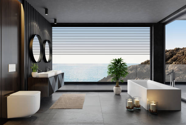 istock Modern luxury and minimalist dark bathroom with two sinks 2016228145