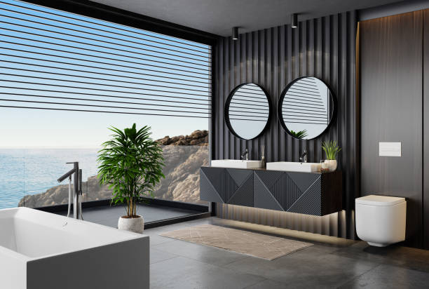 istock Modern luxury and minimalist dark bathroom with two sinks 2016229020
