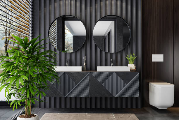 baño moderno de lujo y minimalista oscuro con dos lavabos - baños modernos para hogares inteligentes fotografías e imágenes de stock