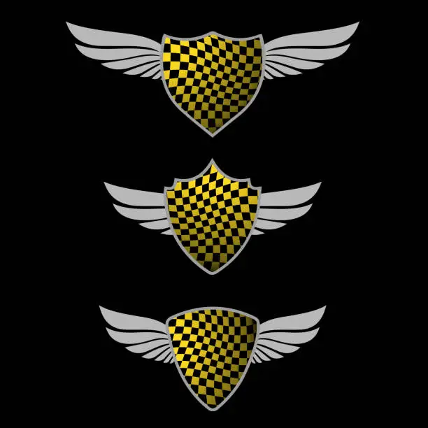 Vector illustration of Checkered yellow flag shields set