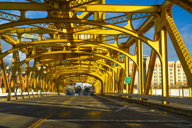 Street level view of Sacramento's Historic Tower Bridge, over the Sacramento River, connecting East and West Sacramento.Taken in West Sacramento, California.