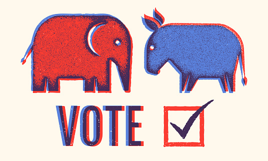 Vector vintage banner for 2024 presidential election in USA. Vector illustration of elephant and donkey. Vote 2024.