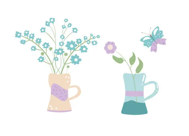 Vector illustration of Bouquets with flowers in jug. Summer elements. Vector illustration