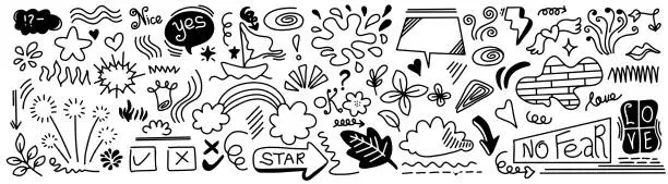 Vector illustration of Set of cute doodle element vector. Hand drawn arrow, heart, emphasis, thunderbolt, leaves, speech bubble, underline, sparkle element. Vector illustration.