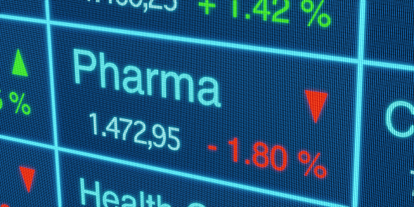 Pharma sector stock index. Stock market data, pharmaceutical stocks price information, percentage changes, blue screen. Stock exchange, business, trading board. 3D illustration