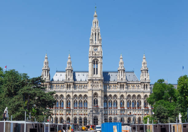 The facade of the Vienna City Hall with its twin towers, Austria